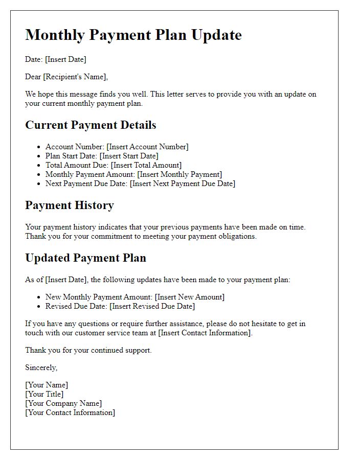 Letter template of monthly payment plan update