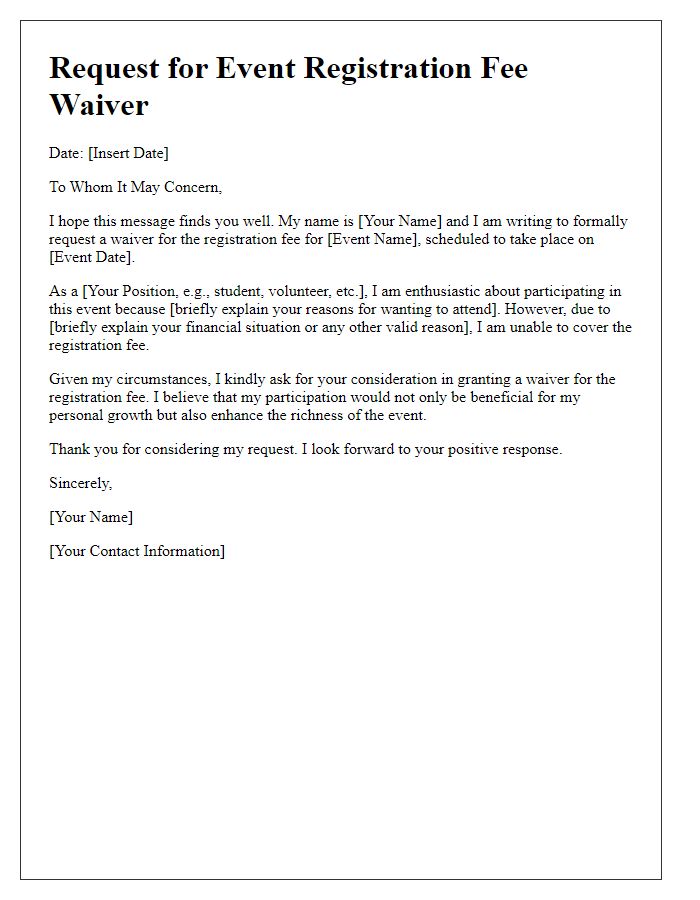 Letter template of event registration fee waiver request