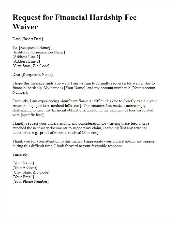 Letter template of financial hardship fee waiver request