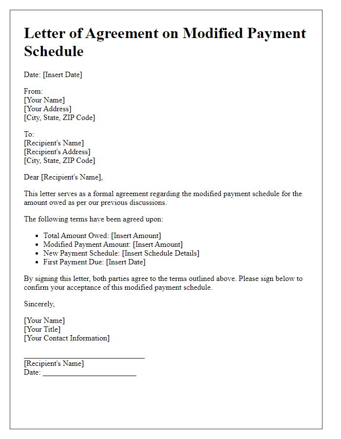 Letter template of Agreement on Modified Payment Schedule