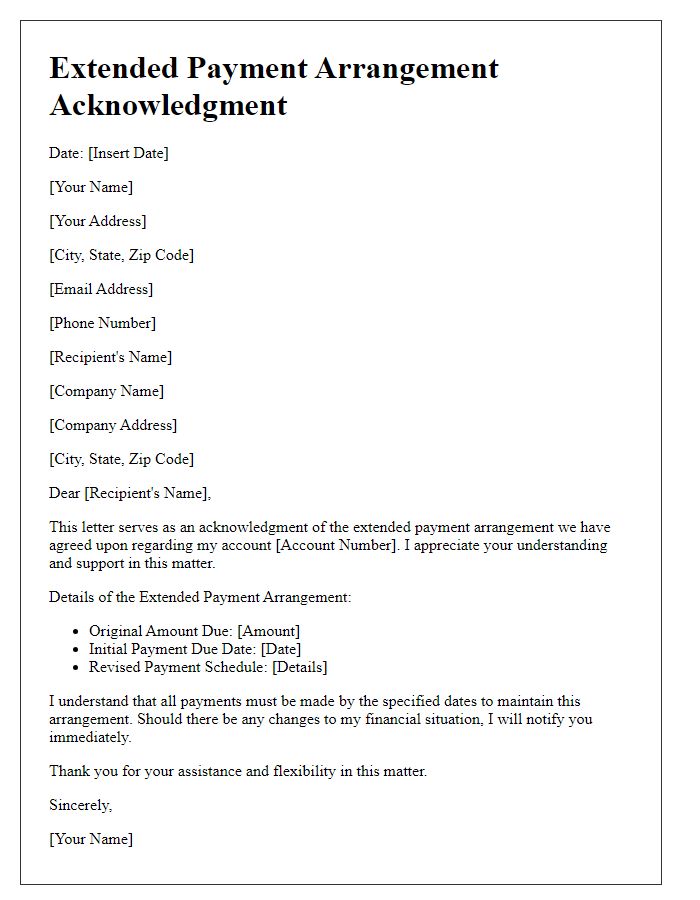 Letter template of Extended Payment Arrangement Acknowledgment