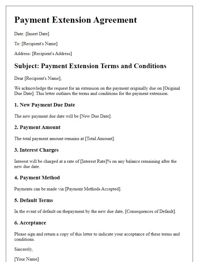 Letter template of Payment Extension Terms and Conditions