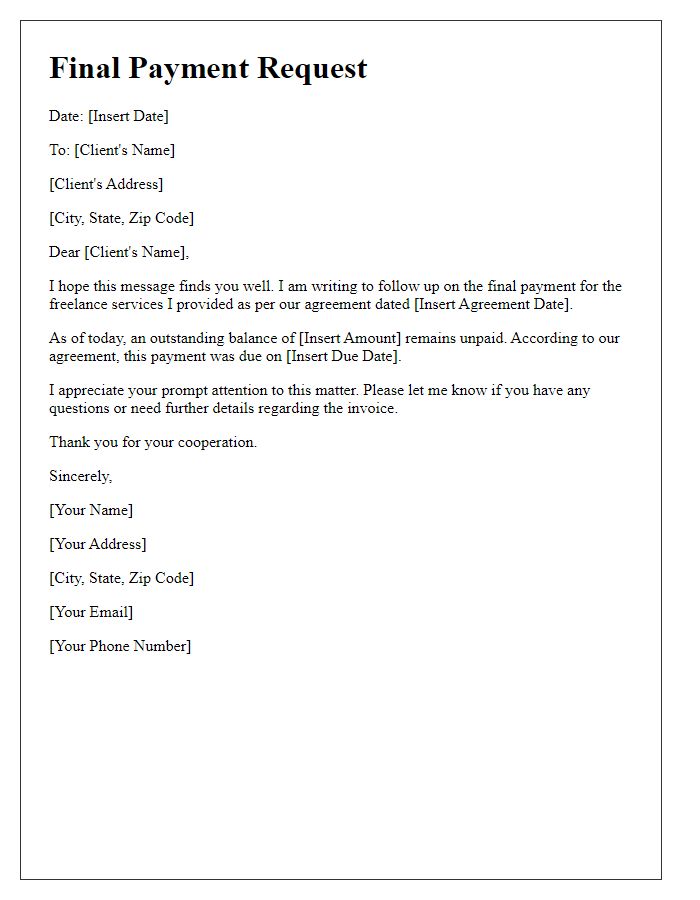 Letter template of final payment request for freelance services.