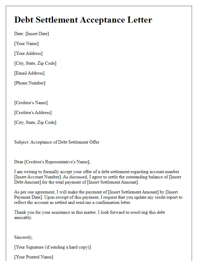 Letter template of debt settlement acceptance.