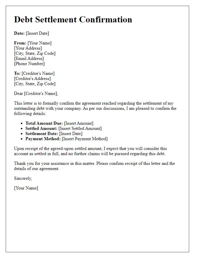 Letter template of debt settlement confirmation.