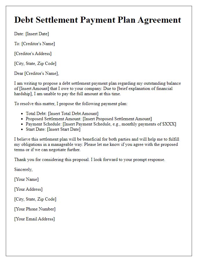 Letter template of debt settlement payment plan.