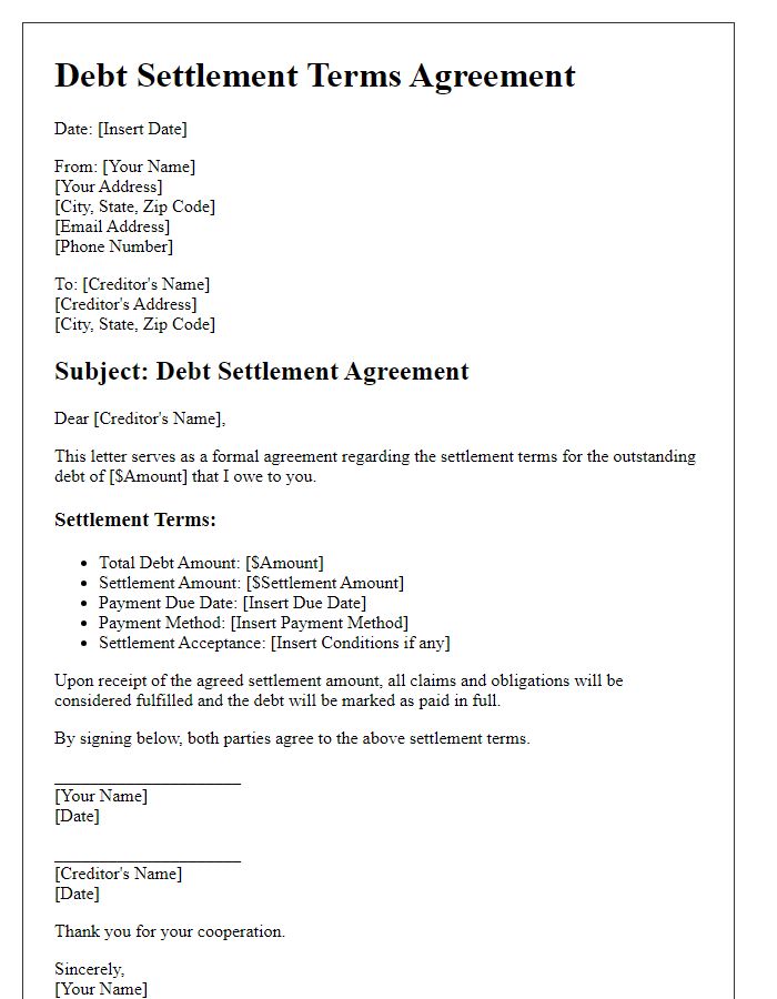 Letter template of debt settlement terms agreement.