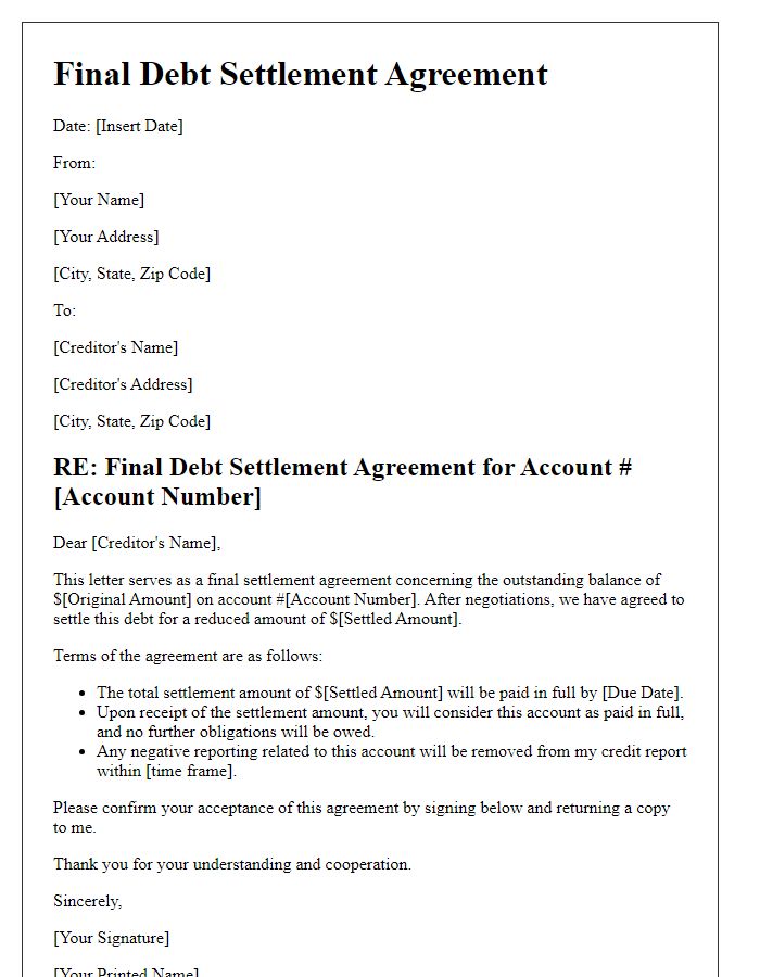 Letter template of final debt settlement agreement.