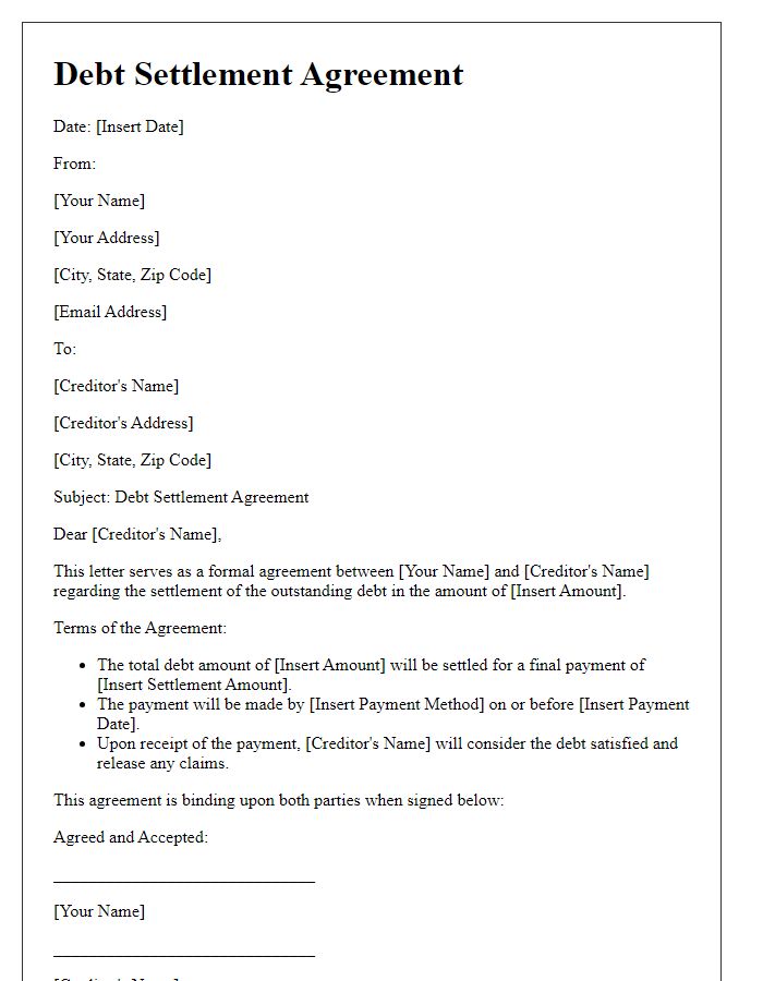 Letter template of signed debt settlement agreement.