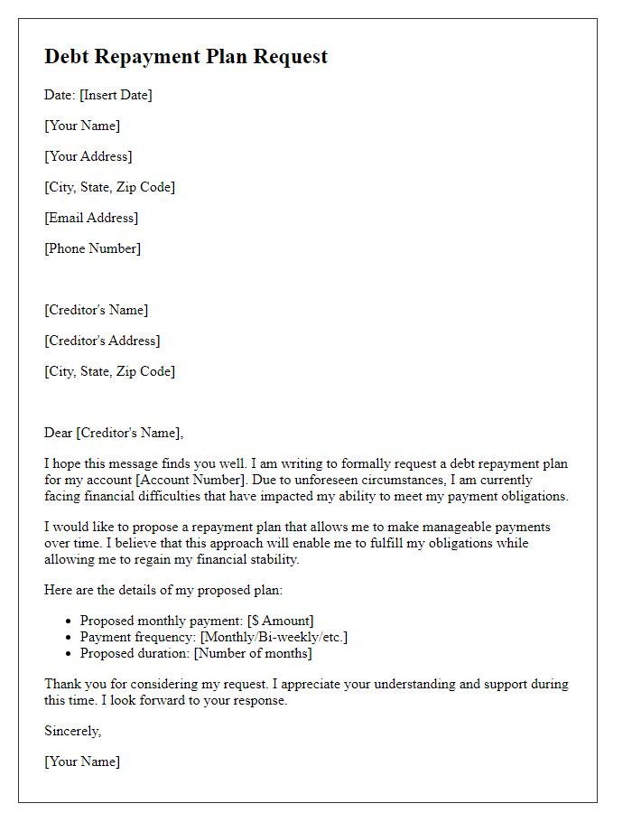 Letter template of debt repayment plan request