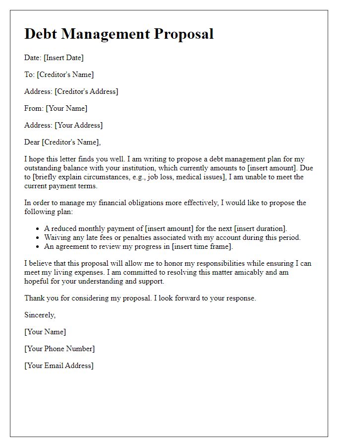 Letter template of personal debt management proposal