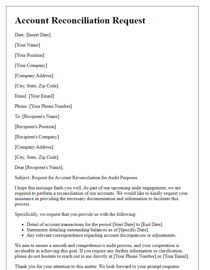 Letter template of account reconciliation request for audit purposes.