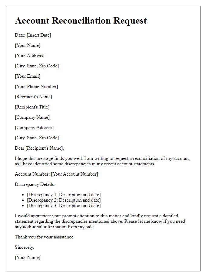 Letter template of account reconciliation request for discrepancies.