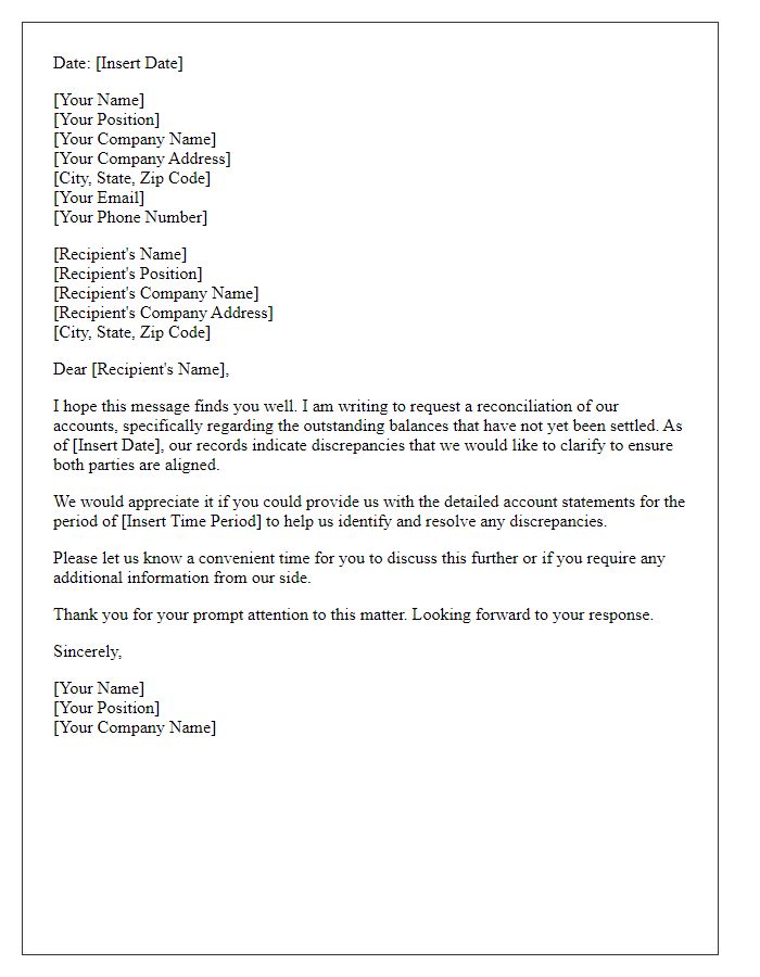 Letter template of account reconciliation request for outstanding balances.