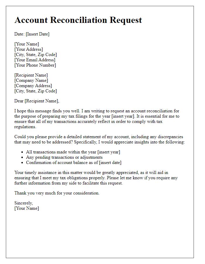 Letter template of account reconciliation request for tax preparation.