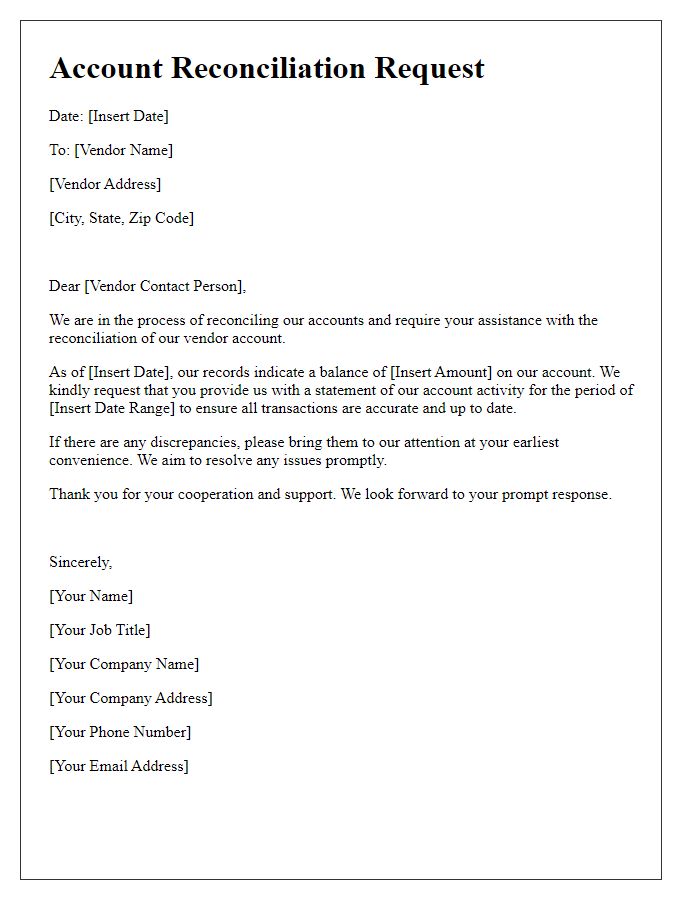 Letter template of account reconciliation request for vendor accounts.