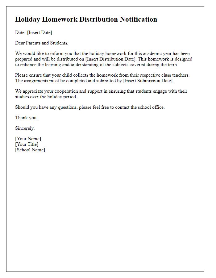 Letter template of holiday homework distribution notification