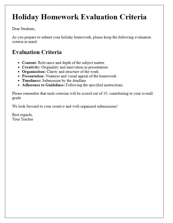 Letter template of holiday homework evaluation criteria