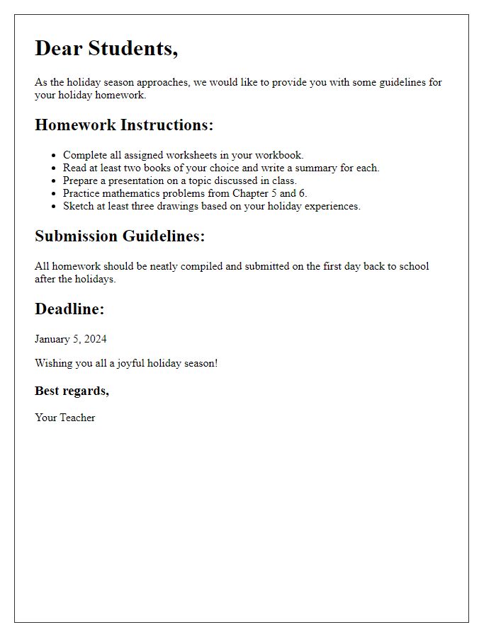 Letter template of holiday homework instruction for students