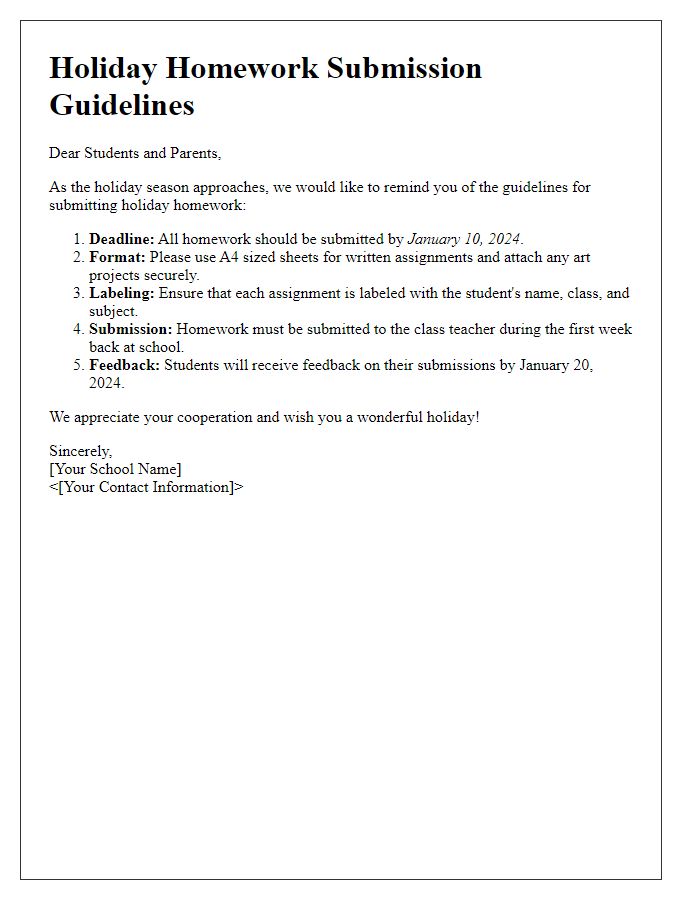 Letter template of holiday homework submission guidelines