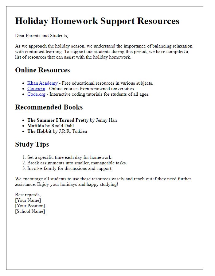 Letter template of holiday homework support resources