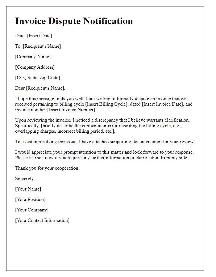 Letter template of Invoice Dispute Notification for Billing Cycle Confusion