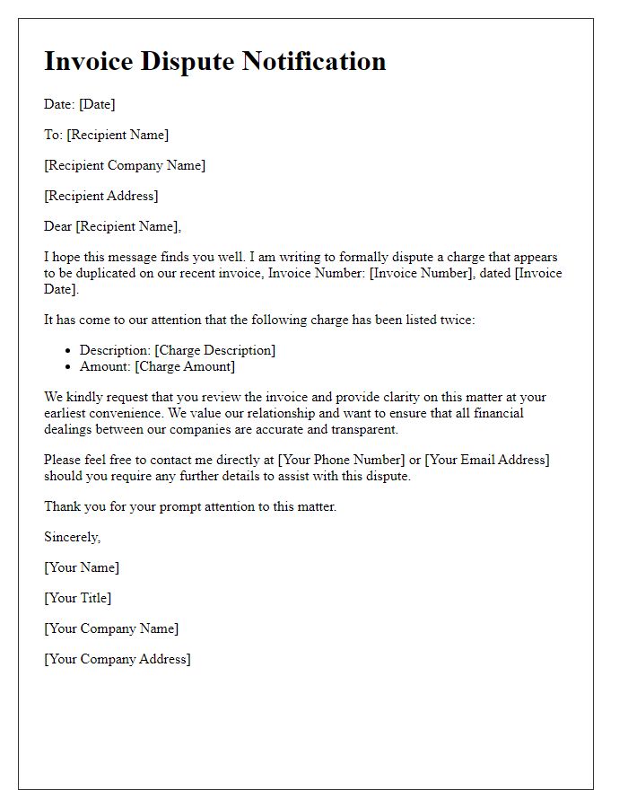 Letter template of Invoice Dispute Notification for Duplicate Charges