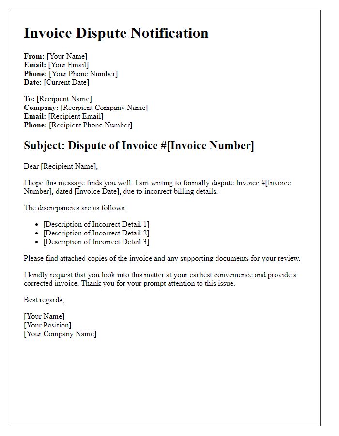 Letter template of Invoice Dispute Notification for Incorrect Billing Details