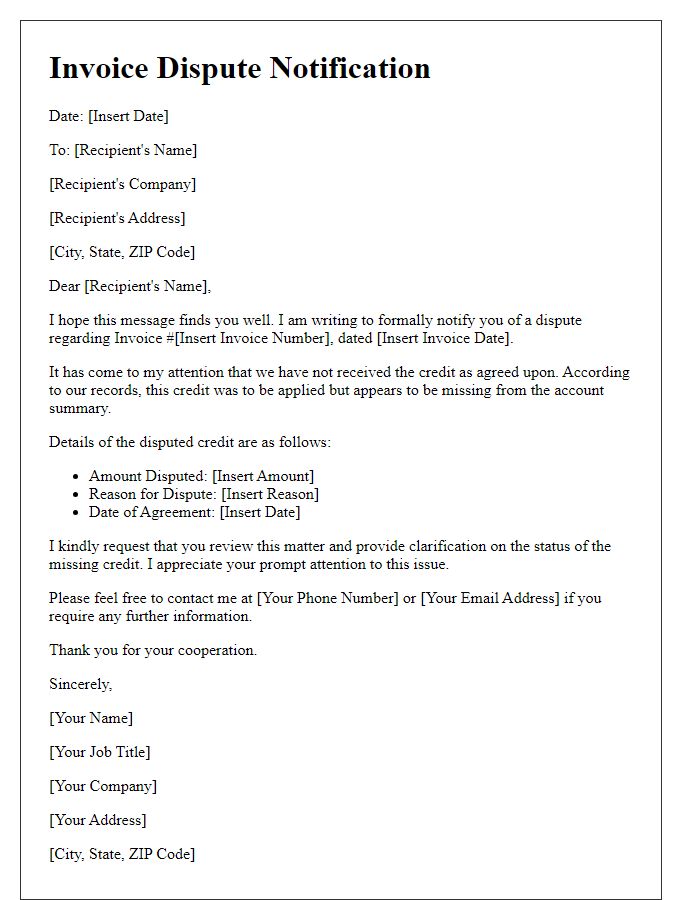 Letter template of Invoice Dispute Notification for Missing Credit