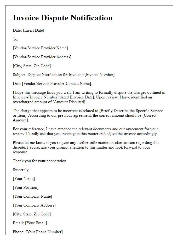 Letter template of Invoice Dispute Notification for Overcharged Amount