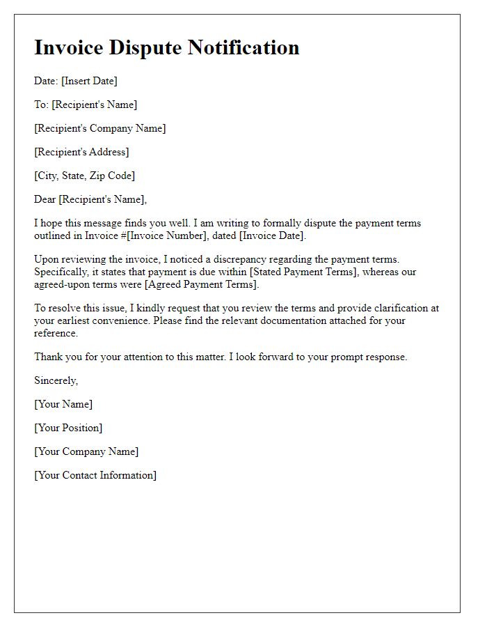 Letter template of Invoice Dispute Notification for Payment Terms Discrepancy