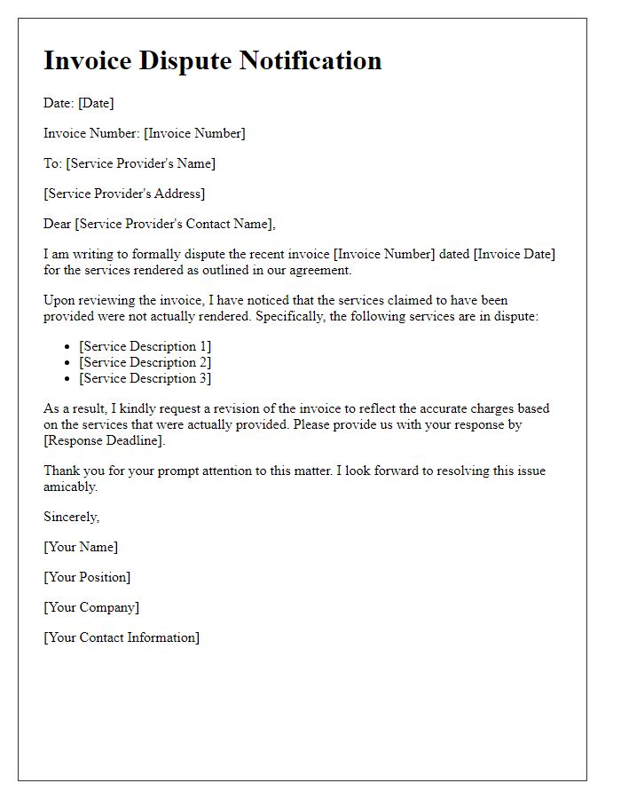 Letter template of Invoice Dispute Notification for Service Not Rendered