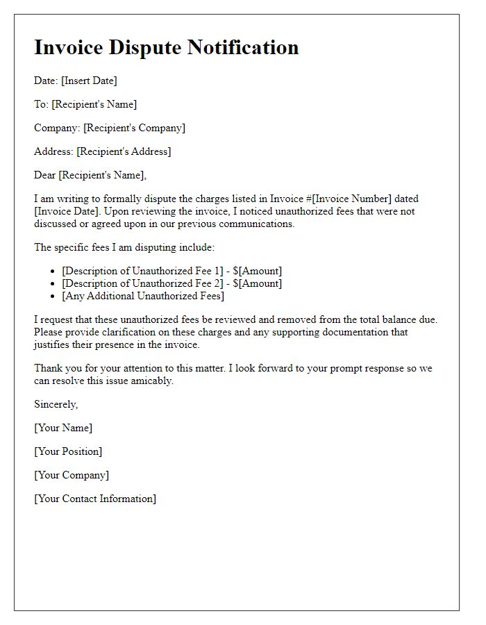 Letter template of Invoice Dispute Notification for Unauthorized Fees