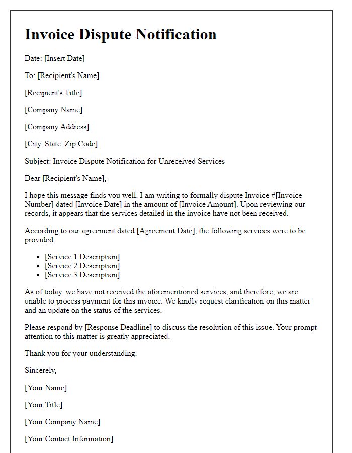 Letter template of Invoice Dispute Notification for Unreceived Services