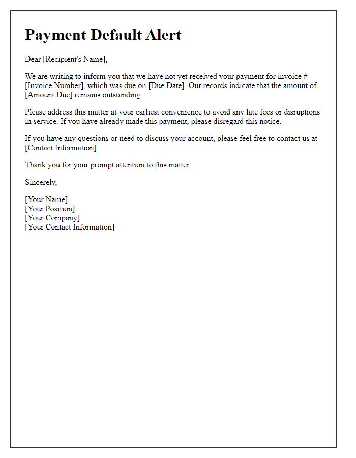 Letter template of payment default alert for unreceived funds.