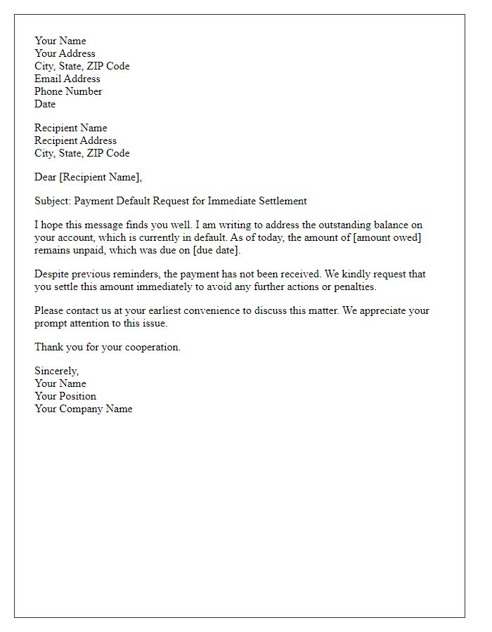 Letter template of payment default request for immediate settlement.