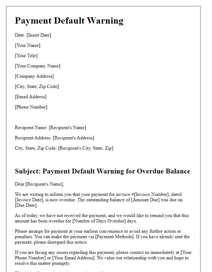 Letter template of payment default warning for overdue balances.