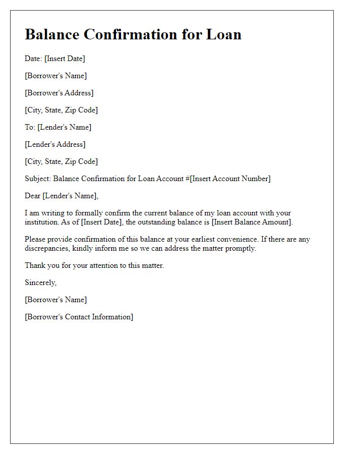 Letter template of balance confirmation for loan