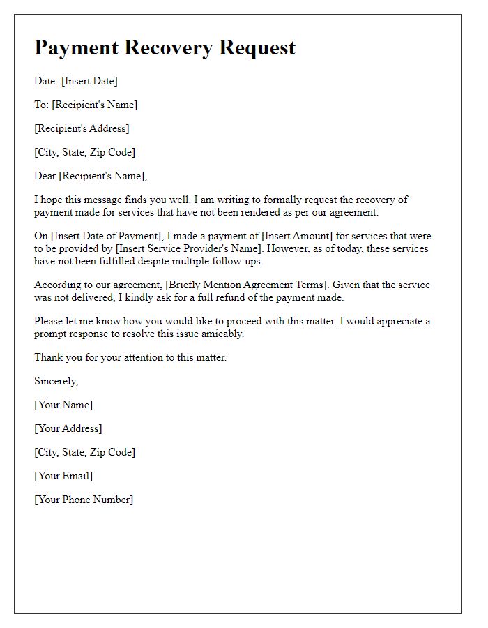 Letter template of payment recovery request for service not rendered