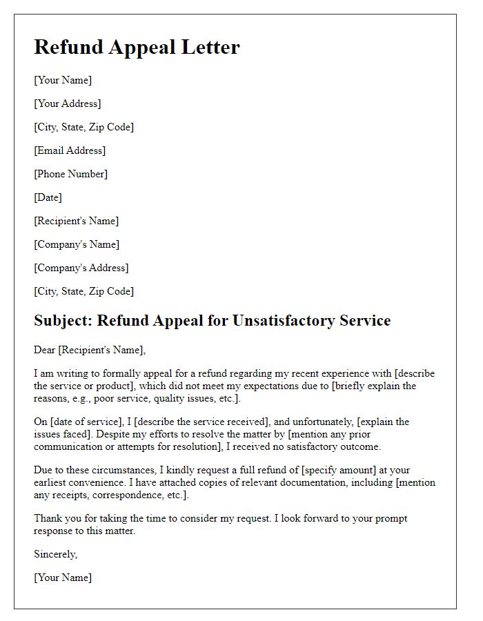 Letter template of refund appeal for unsatisfactory service