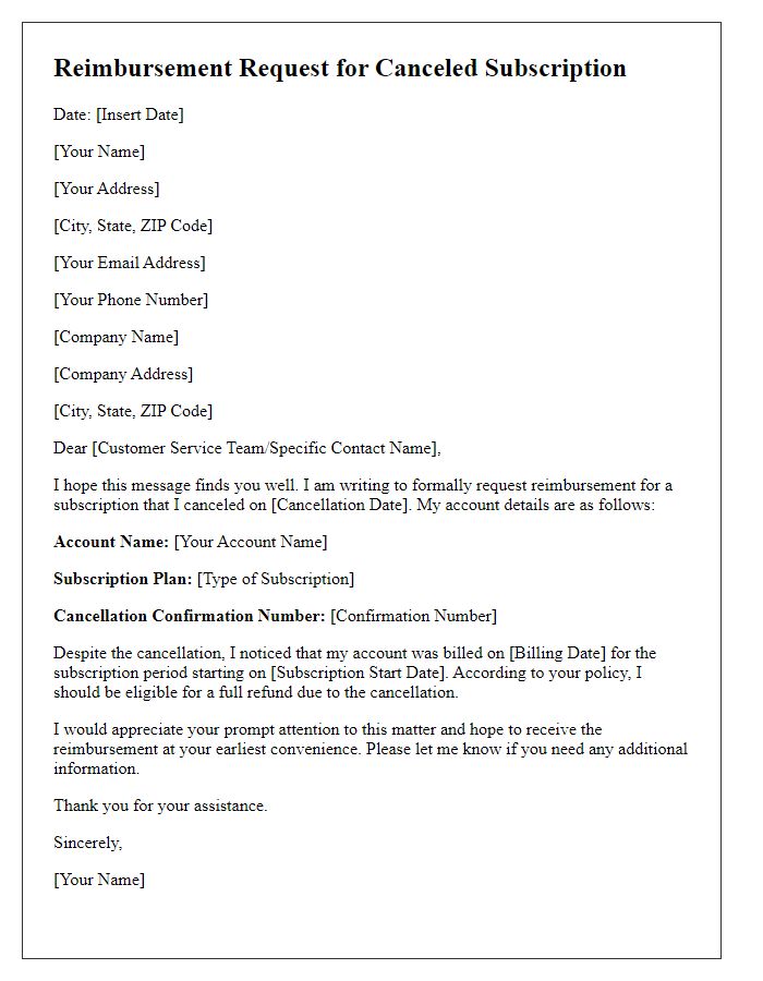 Letter template of reimbursement request for canceled subscription