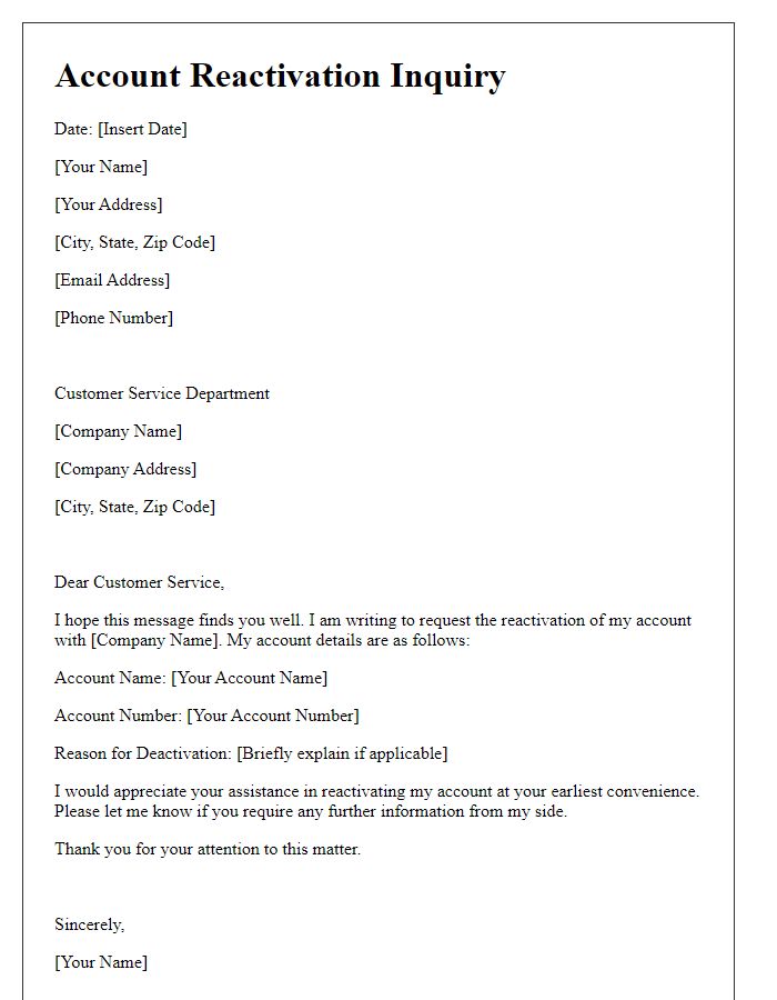 Letter template of account reactivation inquiry