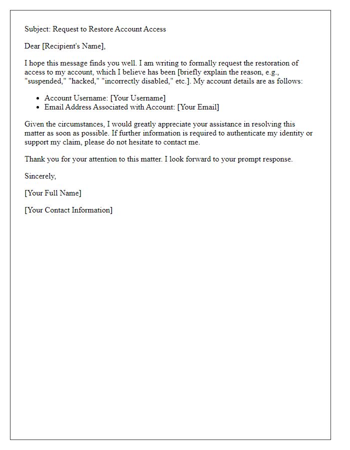 Letter template of request to restore account access