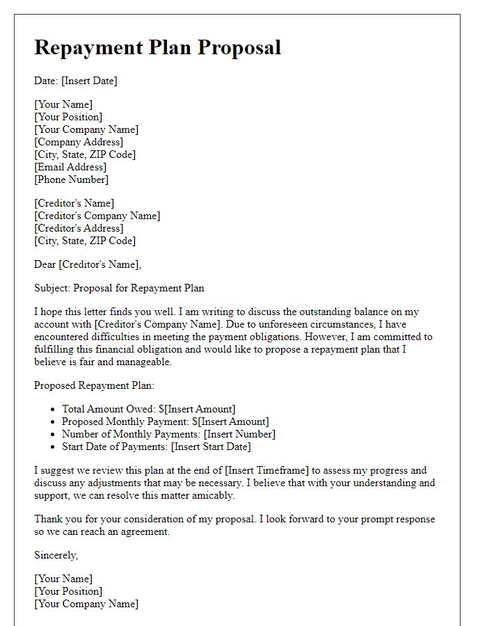 Letter template of repayment plan proposal for business debts.