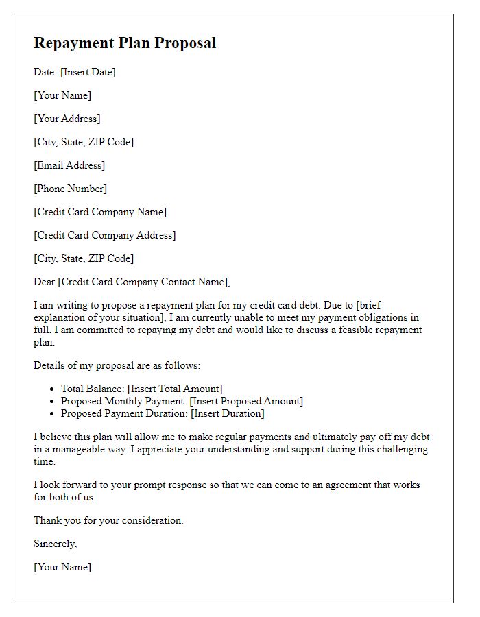 Letter template of repayment plan proposal for credit card debt.