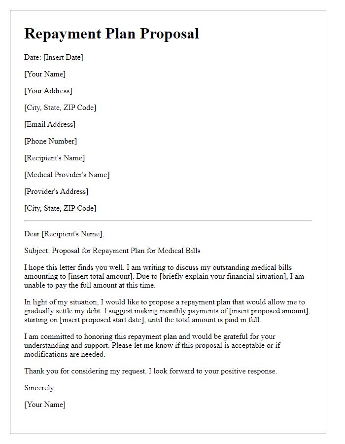 Letter template of repayment plan proposal for medical bills.