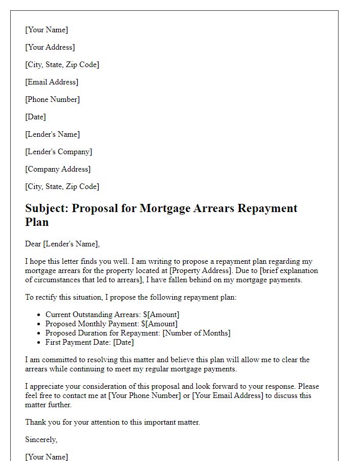 Letter template of repayment plan proposal for mortgage arrears.