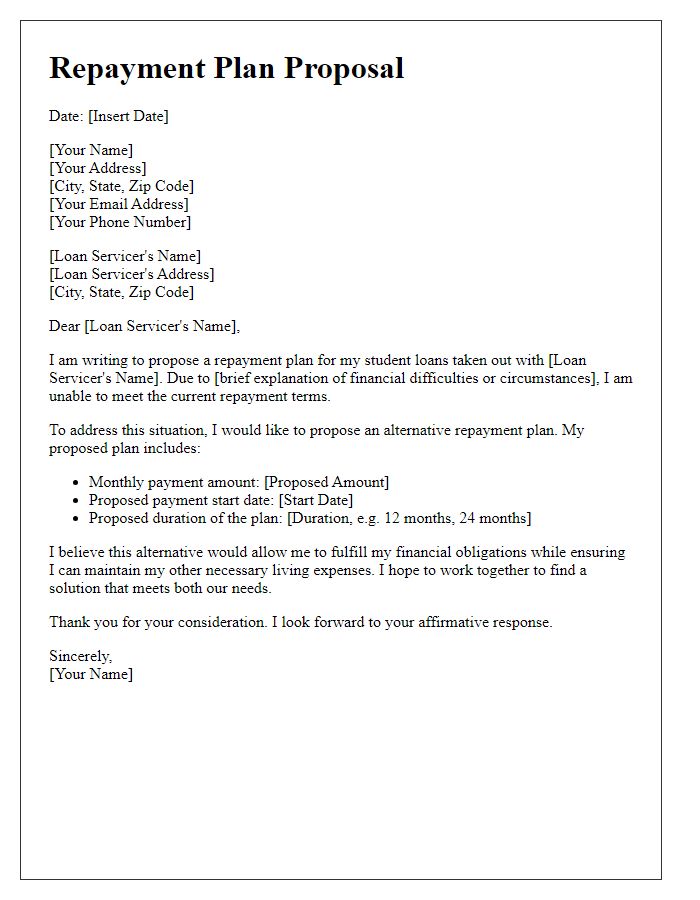 Letter template of repayment plan proposal for student loans.