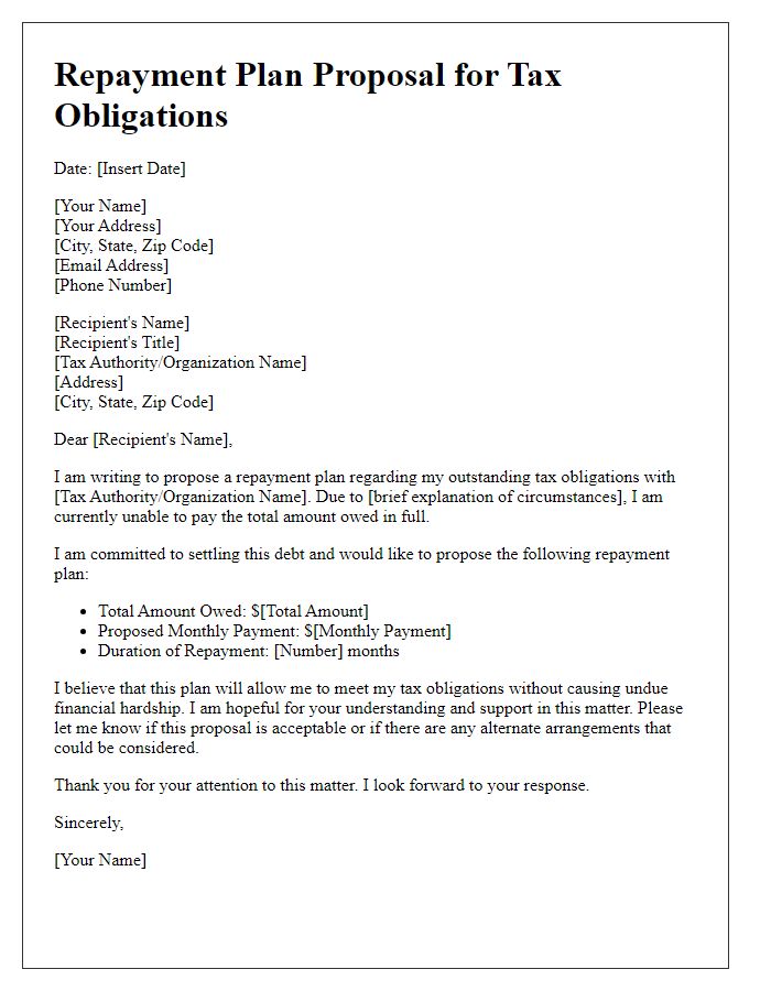 Letter template of repayment plan proposal for tax obligations.