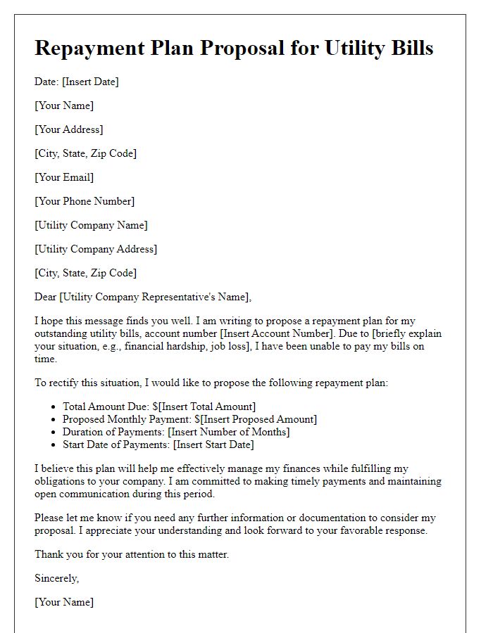 Letter template of repayment plan proposal for utility bills.